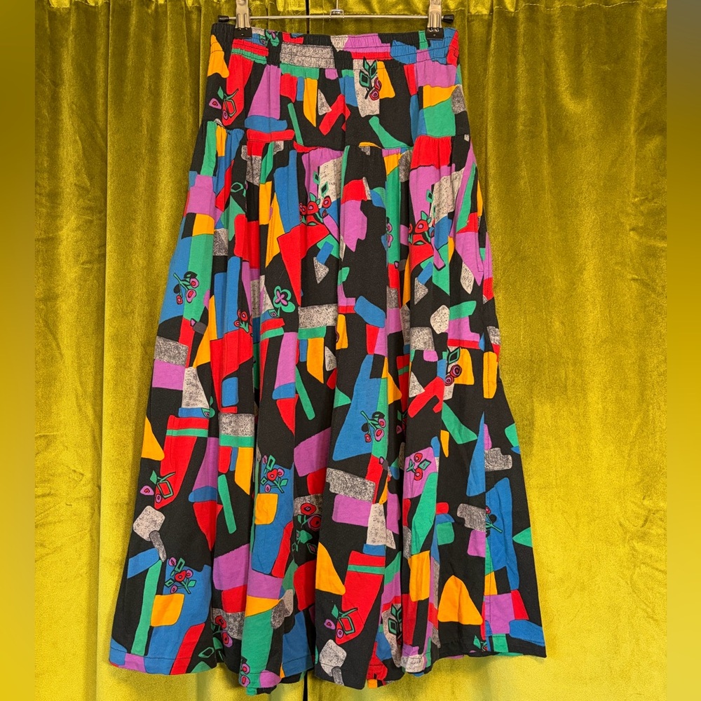 Vintage 90s Carol Little Multicolor Abstract Geometric Cotton Midi skirt Small